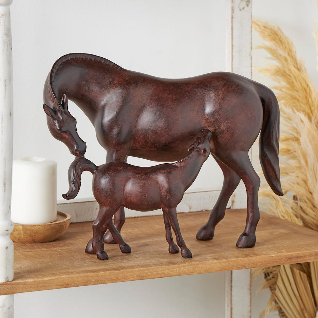 Dark Brown Polystone Horse Decorative Sculpture with Mom and Baby