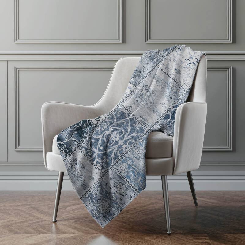 Premium Machine Washable Traditional Patchwork Sherpa Throw Blanket - Denim - 4'2" x 5'10"