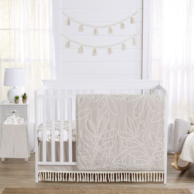 Boho Botanical Leaf Boy Girl 4pc Nursery Crib Bedding Set - Ivory Beige Tan Taupe Linen Woodland Farmhouse Floral Bohemian