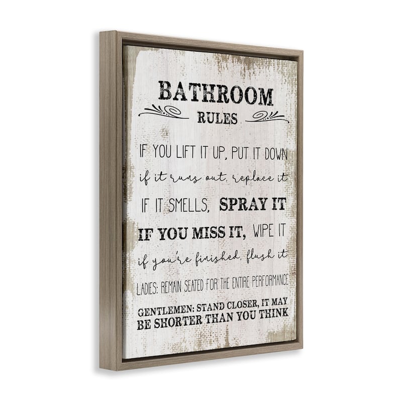 Stupell Bathroom Rules Funny Word Wood Textured Design Floater Frame - Beige