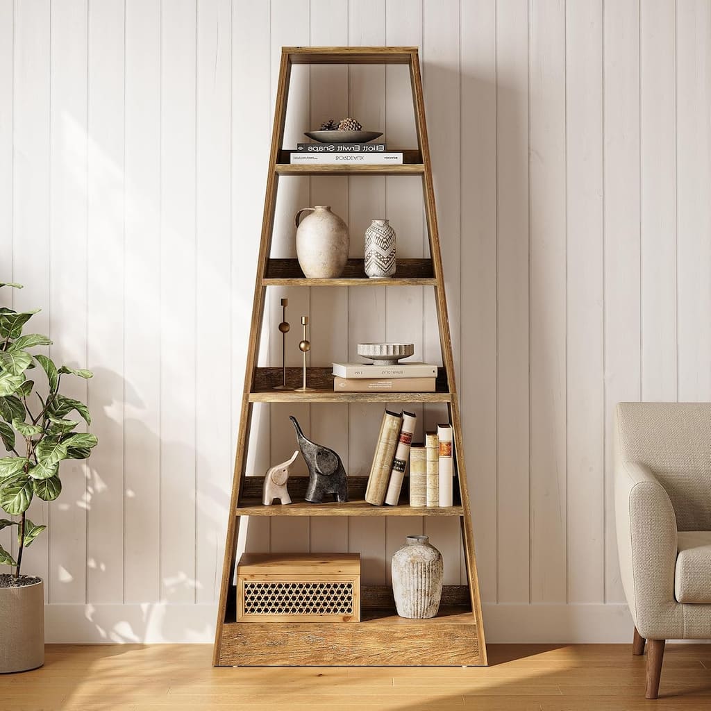 6 Tier Ladder Bookshelf, Wood Bookcase Display Shelf for Home, Office