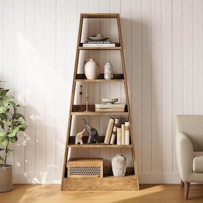 70.7-Inch Brown MDF Tall Ladder Bookcase for Living Room, 6 Tier Farmhouse Bookshelf for Home Office