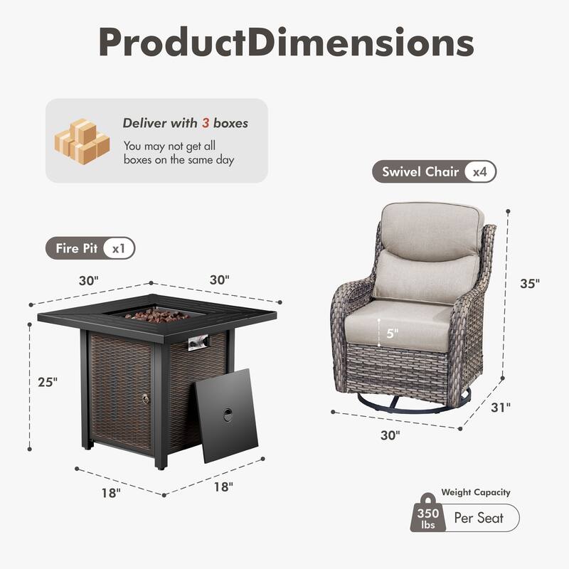 Meyreso 5-Piece Outdoor Patio Wicker Fire Pit 4 person Conversation Set with 5-Inch Thick Cushions