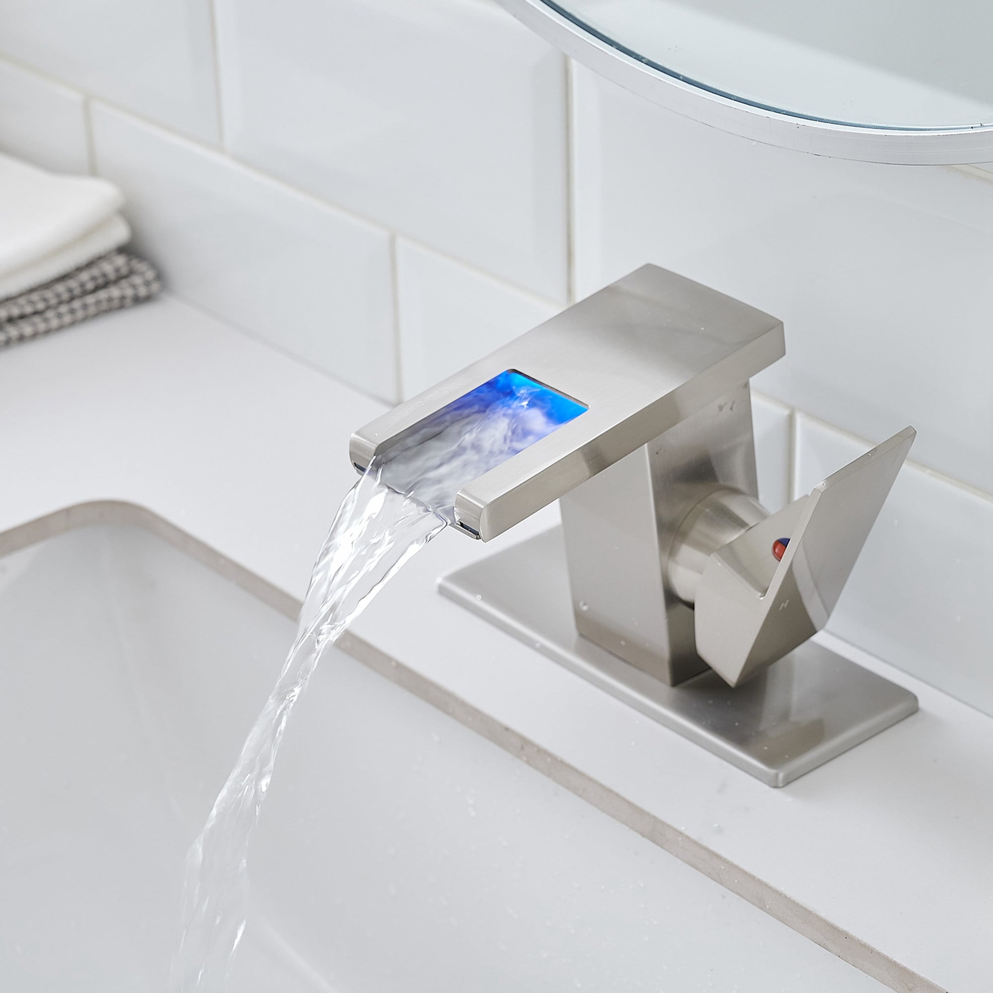 Modern Single-Handle Waterfall LED Bathroom Sink Faucet with Deck Plate
