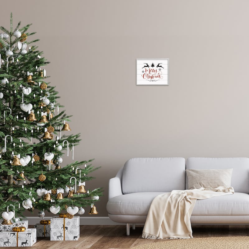 Stupell Merry Christmas Reindeer Black White and Red Framed Art, Design By Artist Lettered and Lined