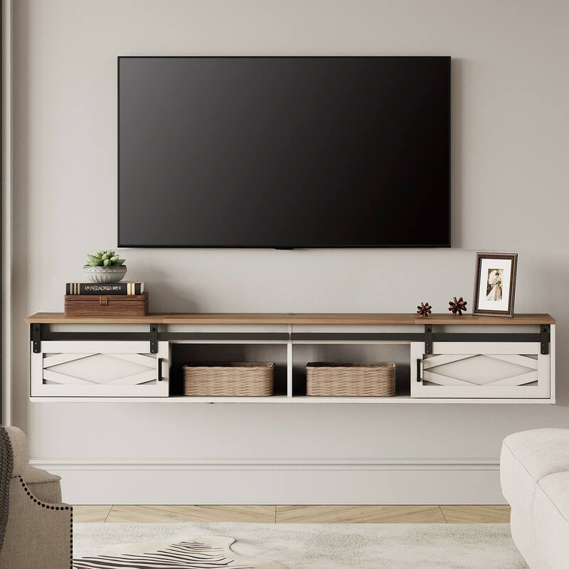 WAMPAT Floating TV Stand for TVs up to 80 Inch with Sliding Barn Door - White
