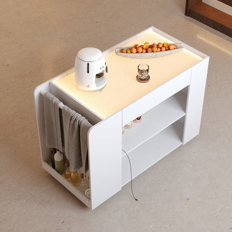 LED Kitchen Island with Tempered Glass Top, Rolling Storage Cabinet with 3-Color Lighting