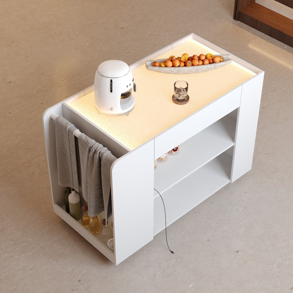 Modern Kitchen Island with LED Light Strip and Tempered Glass Top Pantry Cabinet Sideboard