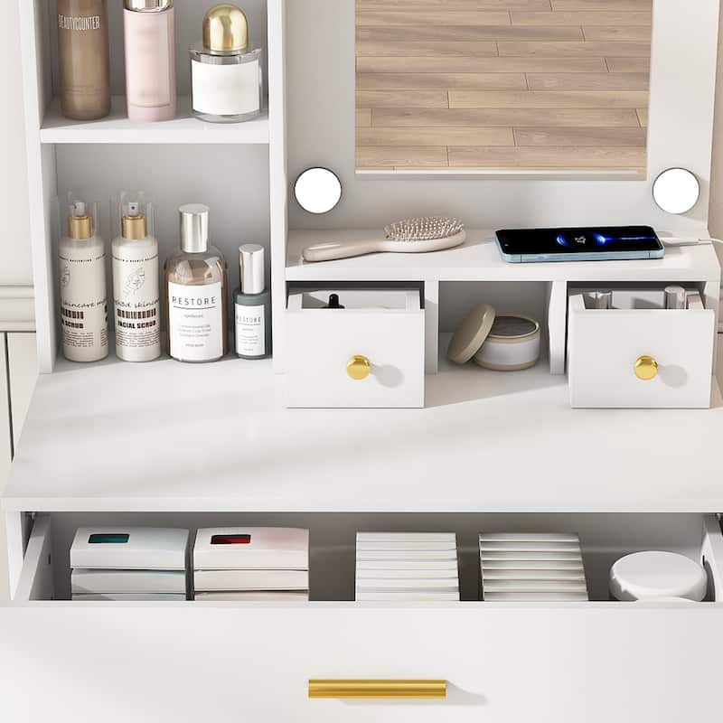 Vanity Desk with Mirror & LED Lights, Makeup Table with Power Outlet, Hairdryer Holder & Stool, Compact Dressing Table Set