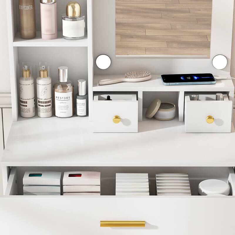 Vanity Table with Mirror & Adjustable LED Lights, Power Outlet, Hairdryer Holder & Stool - Compact Dressing Desk