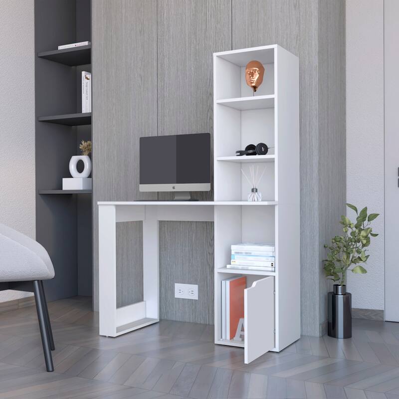 Peterson Computer Desk with 4-Tier Bookcase and 1-Door Cabinet White And Black