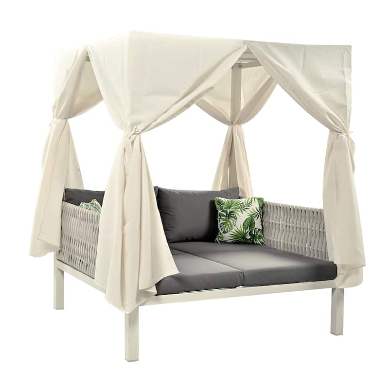 Gray+Beige Versatile Outdoor Lounger Sunbed with Canopy, Curtains and Water-resistant Cushions, Premium Rubber Core Rope Weaving