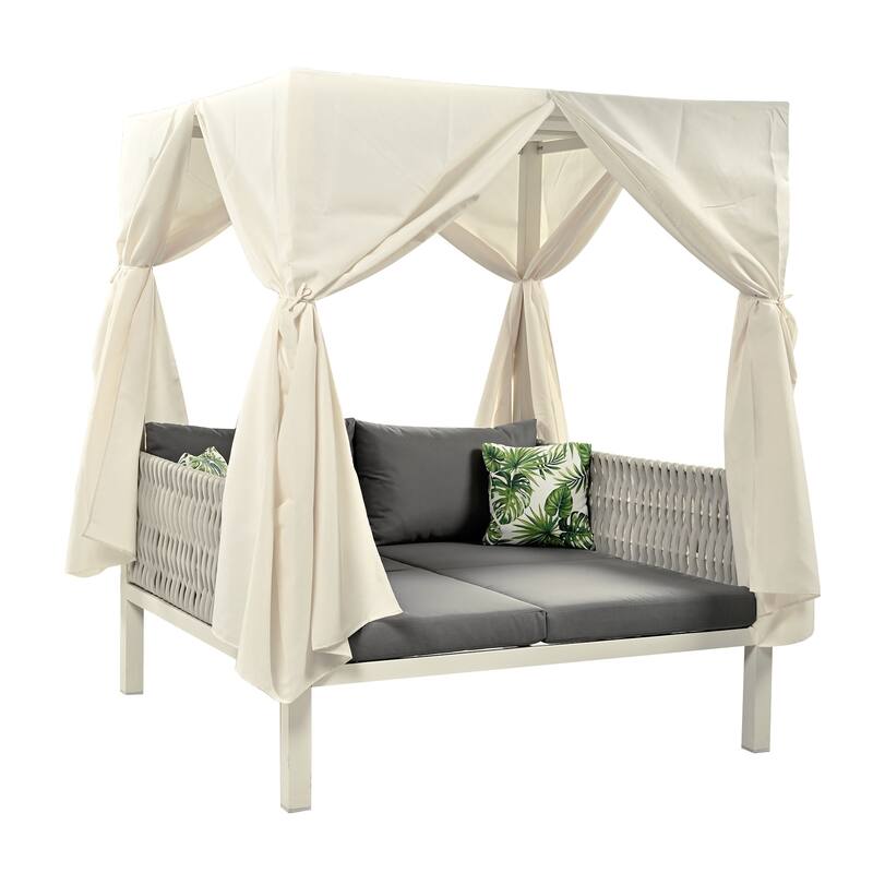 Outdoor Rattan Canopy Daybed Sunbed with Curtain & Woven Rope Arm