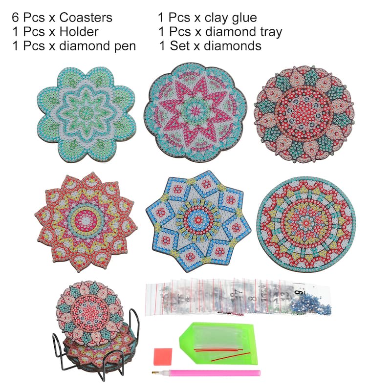 Diamond Art Coasters, 6 PCS Diamond Art Painting Coasters Holder, Mandala - Multiple colors