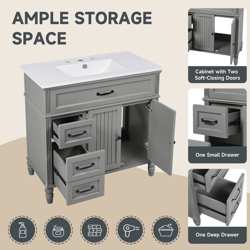 36" Bathroom Vanity with Sink, Freestanding Cabinet with 2 Drawers & Double Doors, Solid Wood Frame, Soft-Close Design