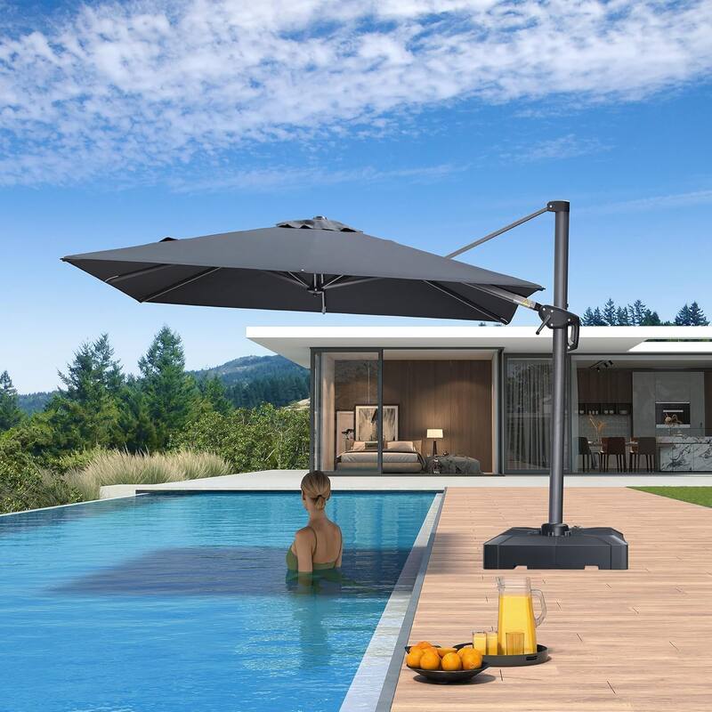 PURPLE LEAF 8ft Patio Umbrella with Base for Pool Outdoor Cantilever Umbrella Swimming Pool Umbrella with 360°Rotation - Grey