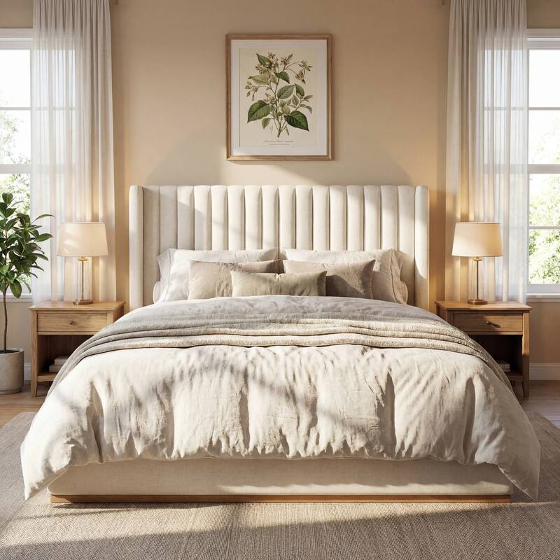 Christopher Knight Home - Modern Minimalist Upholstered Linen Platform Bed Frame with Wingback Headboard, Wood Slat Support