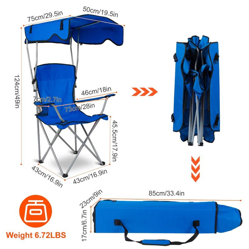 Foldable Beach Canopy Chair With Sun Shade Cup Holder 330LBS