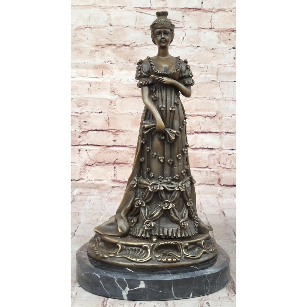Art Deco Bronze Sculpture Of Queen In Floral Dress - Female Figure By Milo