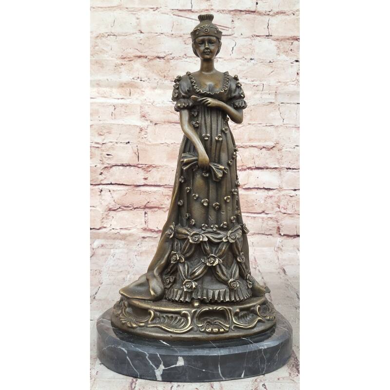 Art Deco Bronze Sculpture Of Queen In Floral Dress - Female Figure By Milo