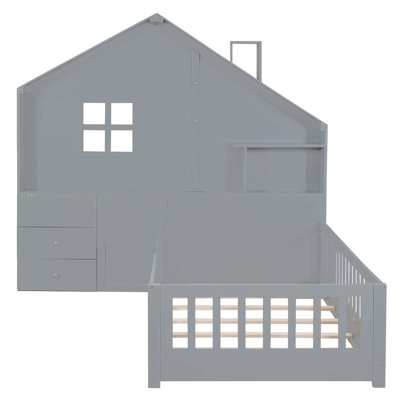 Twin Wooden House Platform Bed with Roof, Drawers, Shelves, and USB Port