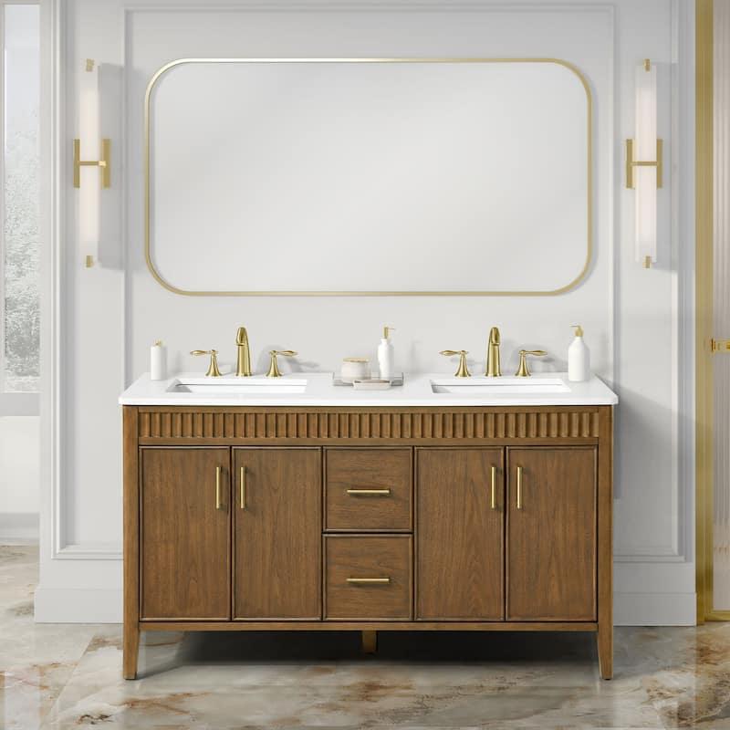 OVE Juliette Warm Walnut Bathroom Vanity with White Quartz Top