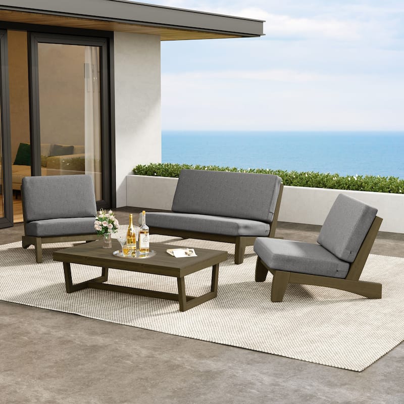4 Pieces Wood Sectional Sofa Patio Conversation Set With Cushion