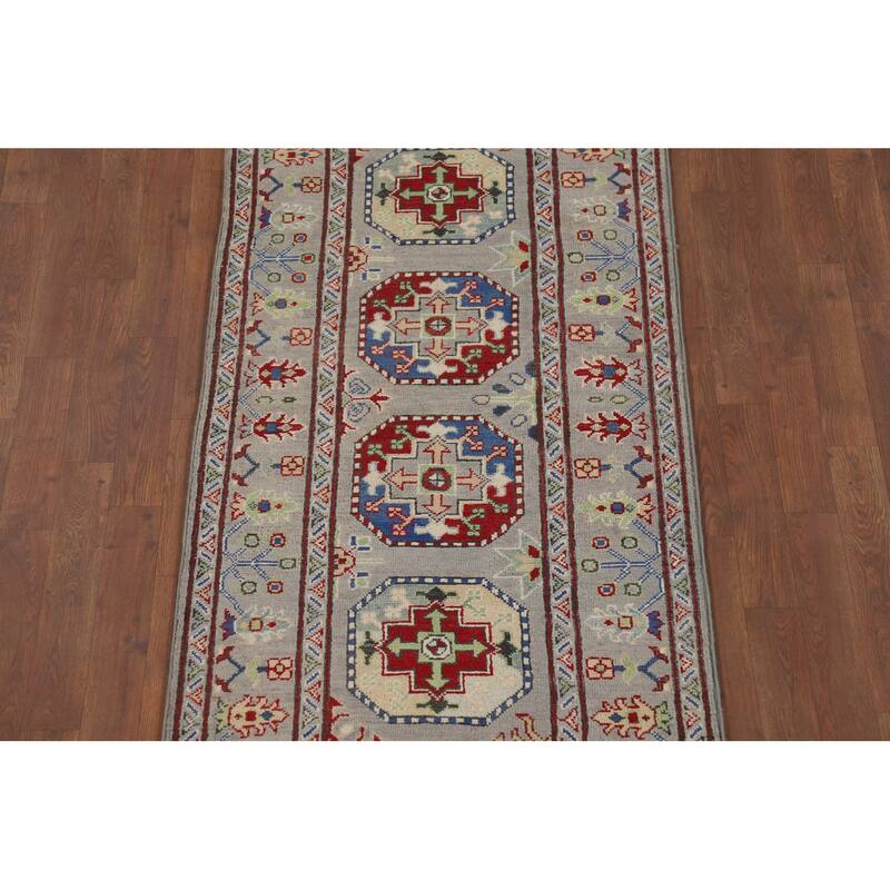 Hand Knotted Oriental 100% Wool Carpet Traditional Geometric Greys & Charcoal Kazak Runner Rug - 13' 3'' X 2' 8''