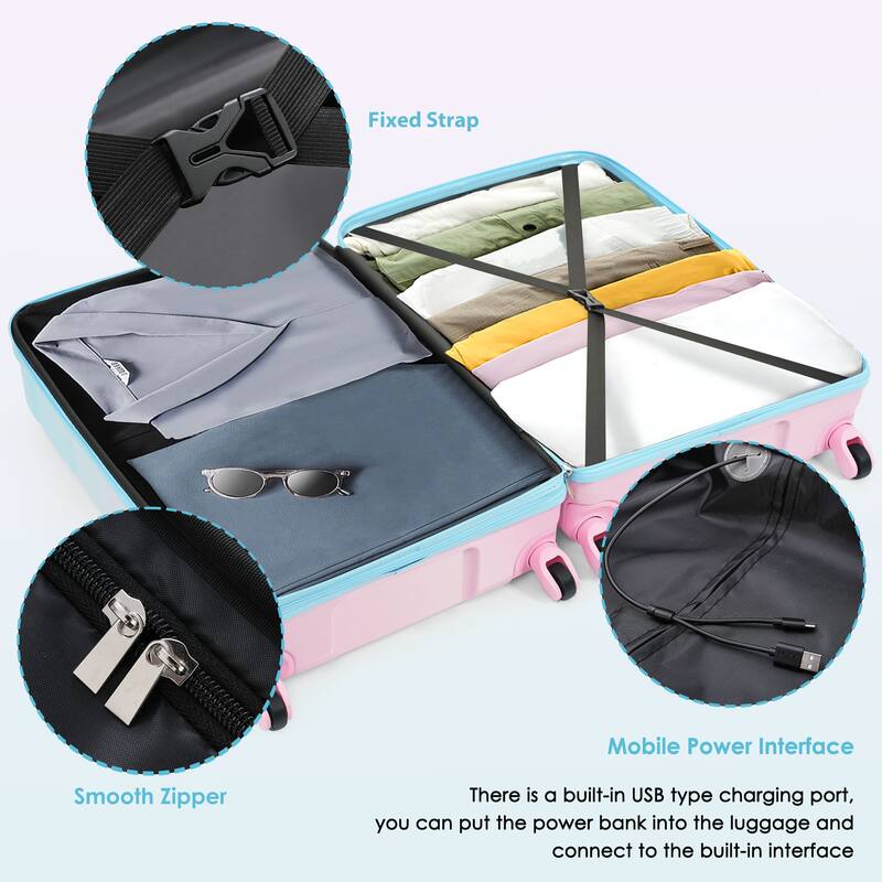 ABS+PC Hard Shell Luggage Sets, 3 Piece Carry-on Lightweight Durable Suitcase with USB Port and Spinner Wheels, for Travel