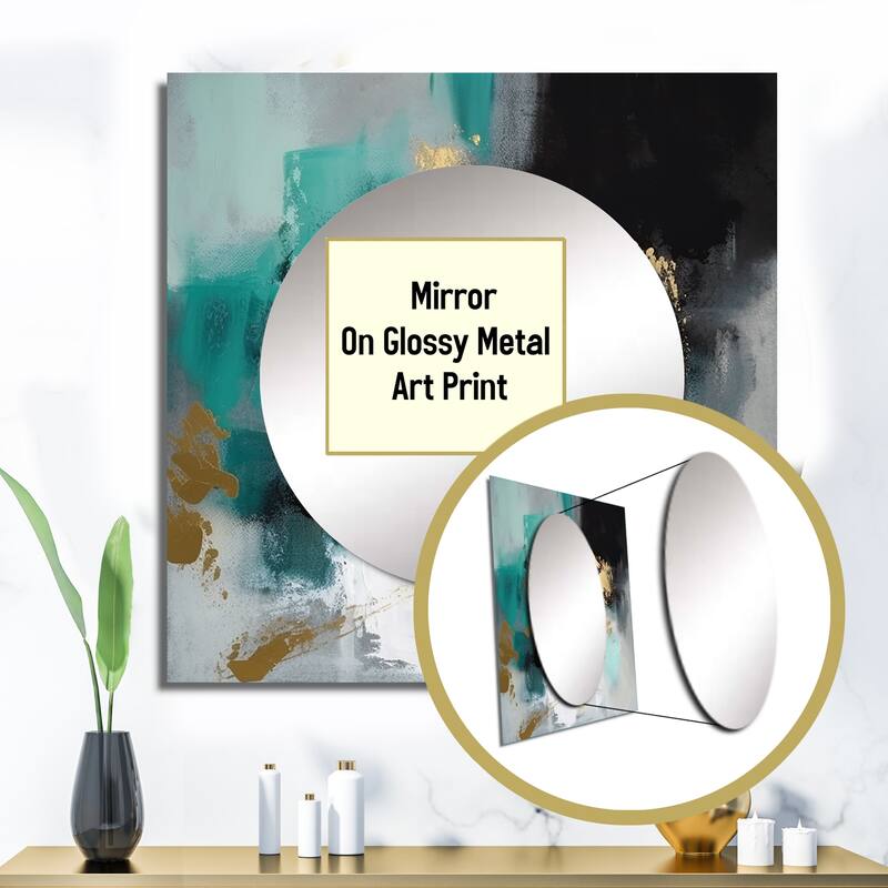 Designart "Full Moon Happiness Gold & Turquoise Abstract IV" Abstract Painting Wall Mirror Square Mirror For Living Room