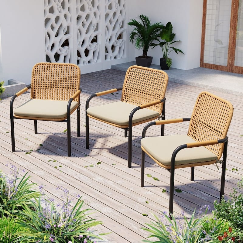 3-piece Farmhouse Outdoor All-weather Wicker Dining Chairs Set with Removable Cushions - Oatmeal