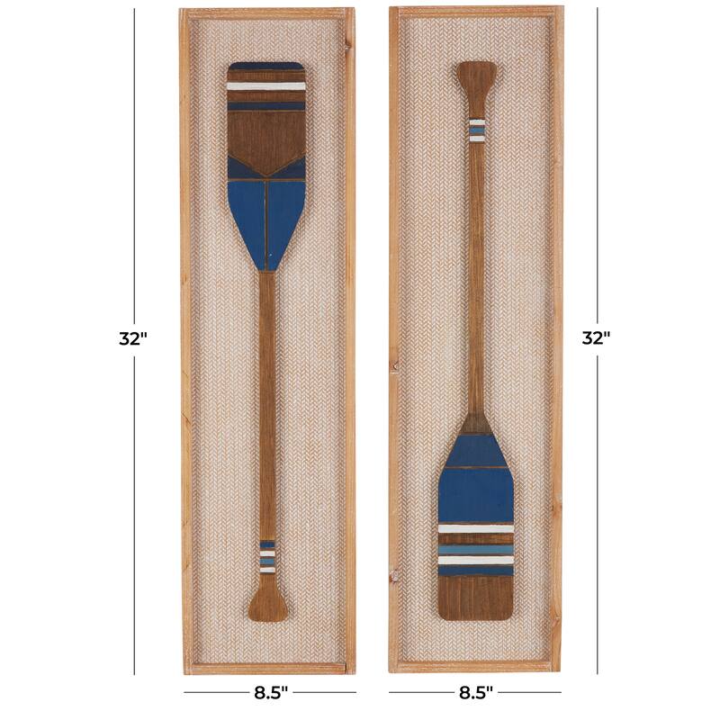 Brown Wood Paddle Home Wall Decor with Blue Accents and Chevron Patterned Background (Set of 2)
