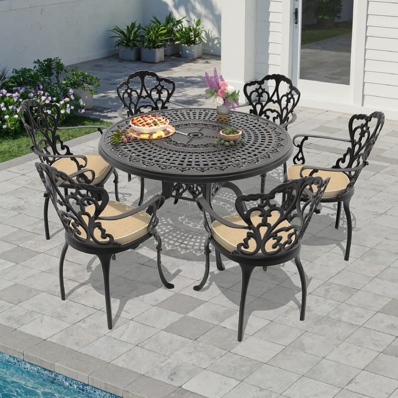5/7-Piece Cast Aluminum Outdoor Dining Set with 47.24 in. Round Table and Seat Cushions - Black( 7-Piece Sets-C)