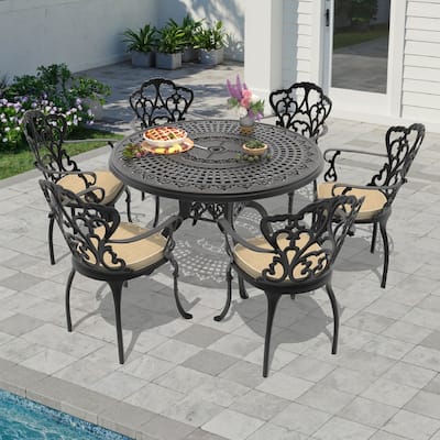 5/7-Piece Cast Aluminum Outdoor Dining Set with 47.24 in. Round Table and Seat Cushions