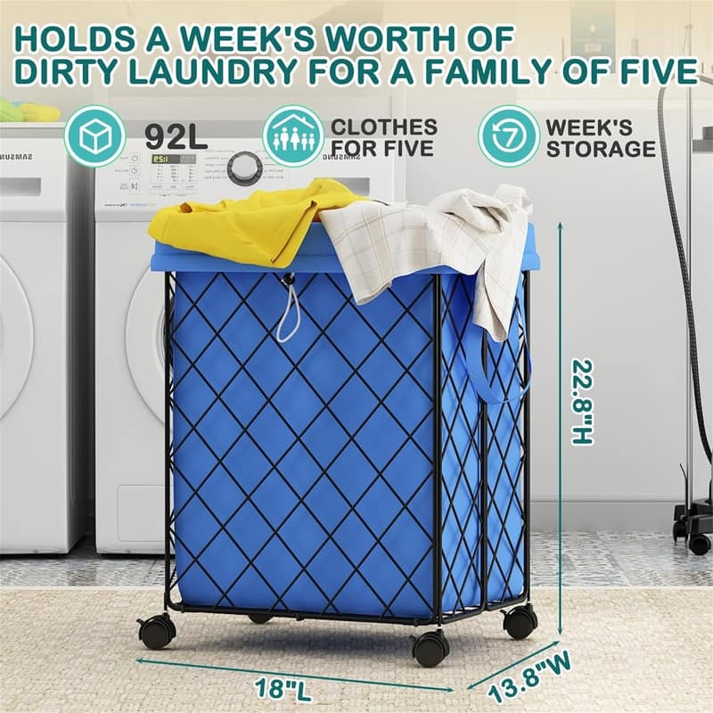 Laundry Hamper on Wheels92L Basket Large Laundry Collapsible - 18"L x 13.8"W x 22.8"H