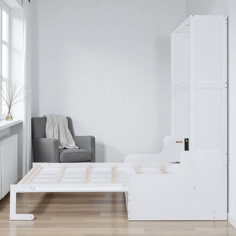 Queen Size Murphy Wall Bed with Folding Cushion Chair, Space-Saving Cabinet Bed for Guest Room or Home Office
