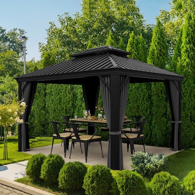 12x10ft Outdoor Double-Roof Aluminum Gazebo with Curtains and Mosquito Netting