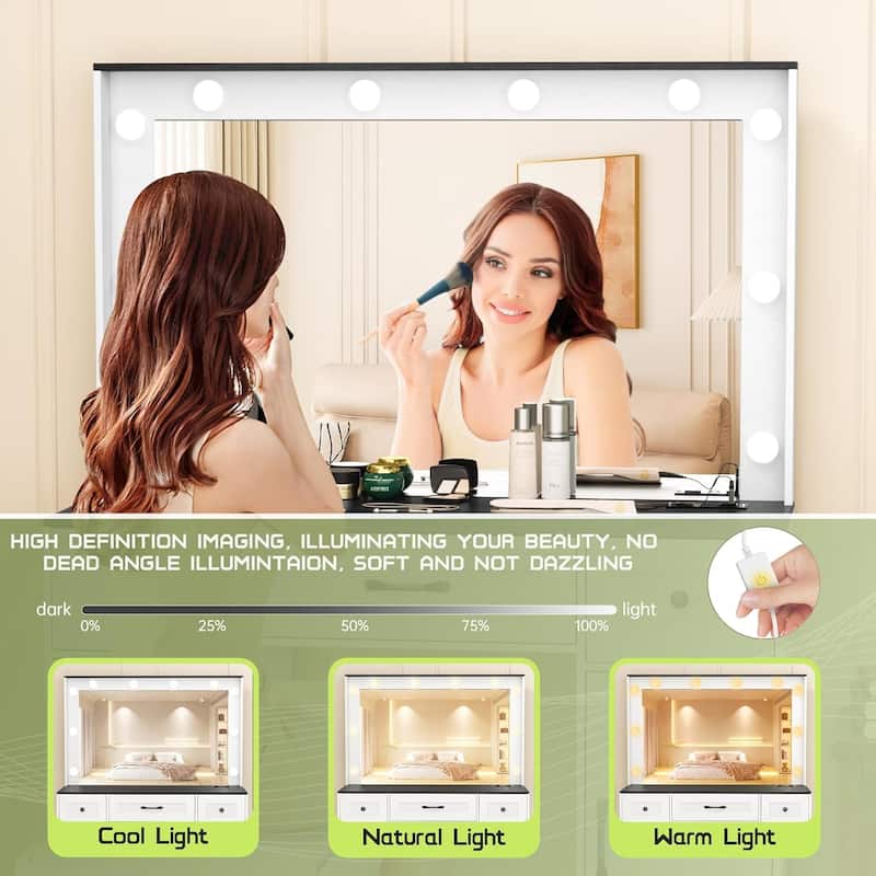 43.3'' Wide Makeup Vanity Dressing With Lighted Mirror and Stool
