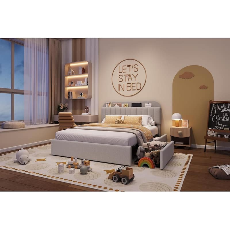 Bed Frame with 2 Drawers, Boucle Upholstered
