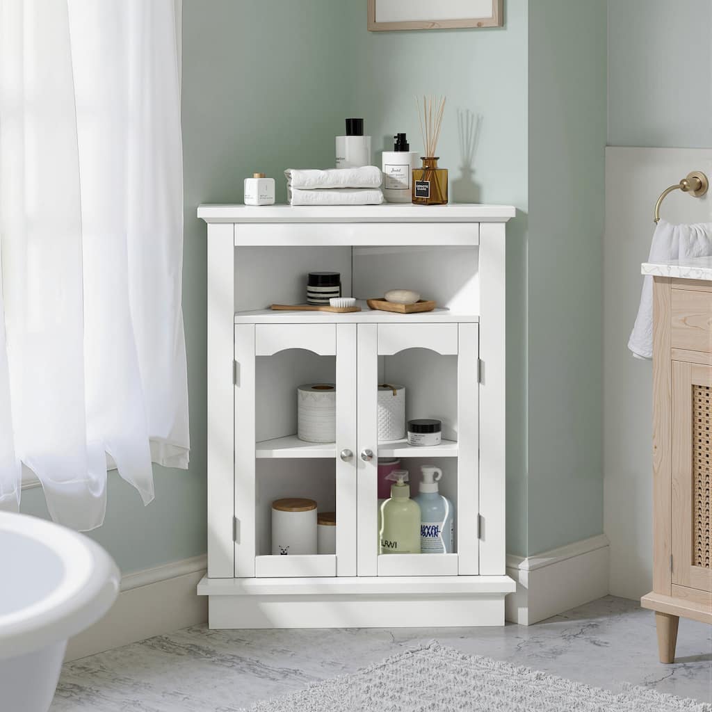 VECELO White Corner Cabinet with Glass Doors Adjustable Shelf & Open Cubby Storage for Bathroom Living Room Kitchen or Bedroom