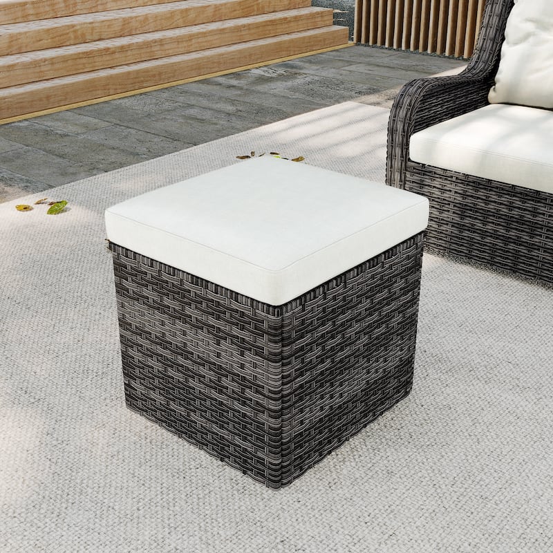 Outdoor Patio PE Wicker Ottoman with Cushion - Beige/Grey rattan