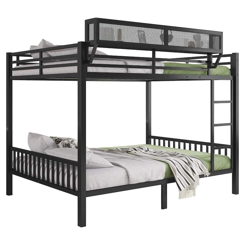 Queen Over Queen Metal Bunk Bed with Ladder and Storage Shelf for Adults Teens,Black
