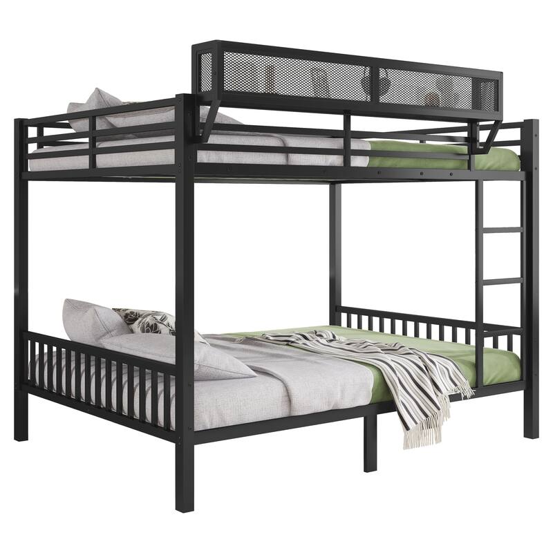 Queen Over Queen Metal Bunk Bed with Ladder and Storage Shelf for Adults and Teens, Black