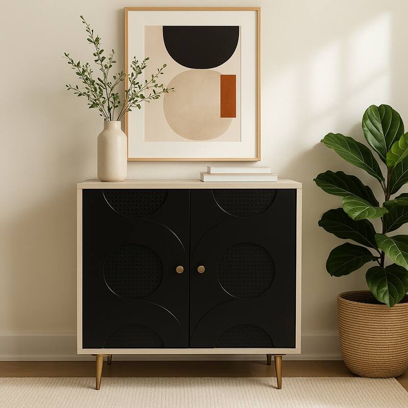 Modern Accent Cabinet with Textured Circle Door Design - 31", Black - 30.5"