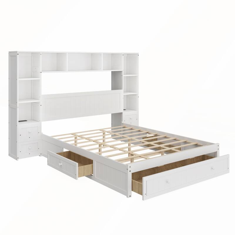 Pine Wood Platform Bed with All-In-One 2 Nightstand and 2 Charging Stations