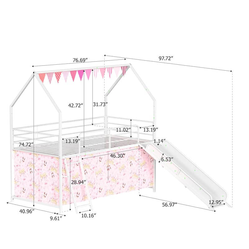 Kids' Twin Loft Bed with Slide, Curtain Set, Banner Flag, and Star Stickers in Multiple Colors