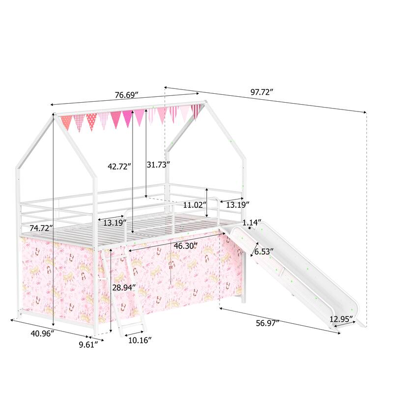 Metal Junior House Twin Loft Bed with Slide and Curtain Set and Pennant Banner Flag and Star Stickers