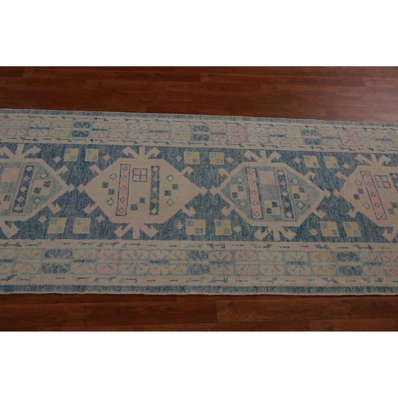 Hand Knotted Oriental 100% Wool Carpet Transitional Geometric Navy Blue & Blues Oushak Runner Rug - 17' 2'' X 3' 2''