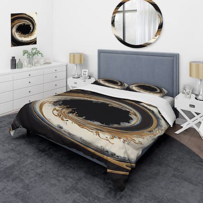 Designart "Black And Gold Circle V" Black Modern - Bedding Cover Set With Shams