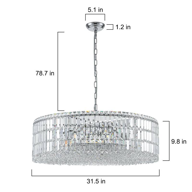 12-Lights Modern Drum Glam Dimmable Crystal Chandelier Round Kitchen Island Light - W31.5"